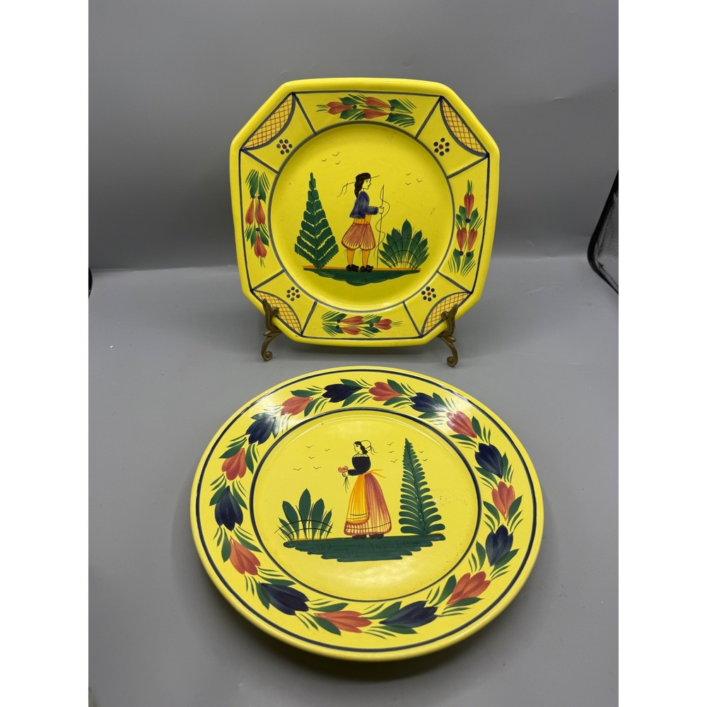 HB Henriot Quimper France Yellow Pottery Plates Set of 2 Octagon Round Folk Art
